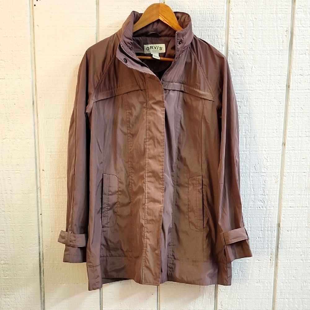 ORVIS Women's Taupe Outdoor Hooded Polyester Windbreaker Sporting Jacket Large